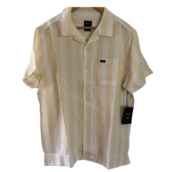 RVCA Casual Button Down Linen Short Sleeve Men's L Shirt Easy Fit Yellow Cream - Picture 1 of 6